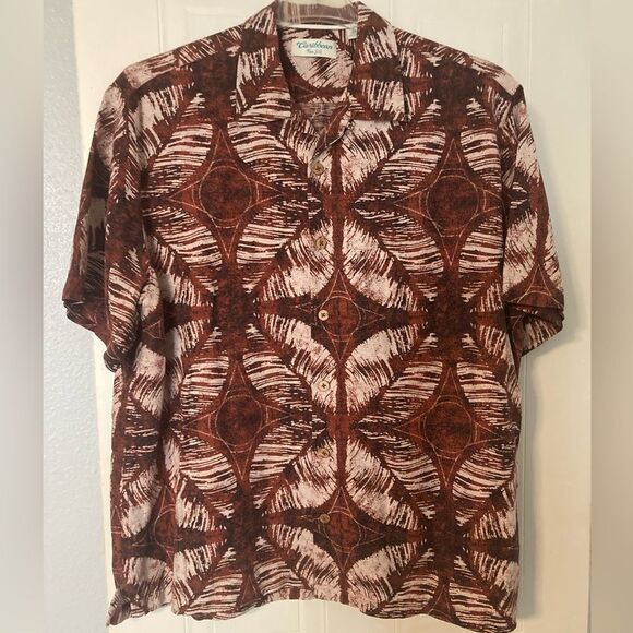 Men’s Caribbean Pure Silk Brown White Leaf Patterned Tropical Size XL - Picture 1 of 7